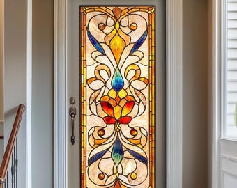 May include: A stained glass door featuring a colourful floral design in shades of red, orange, yellow, blue, and green. The design incorporates intricate swirls and curves.
