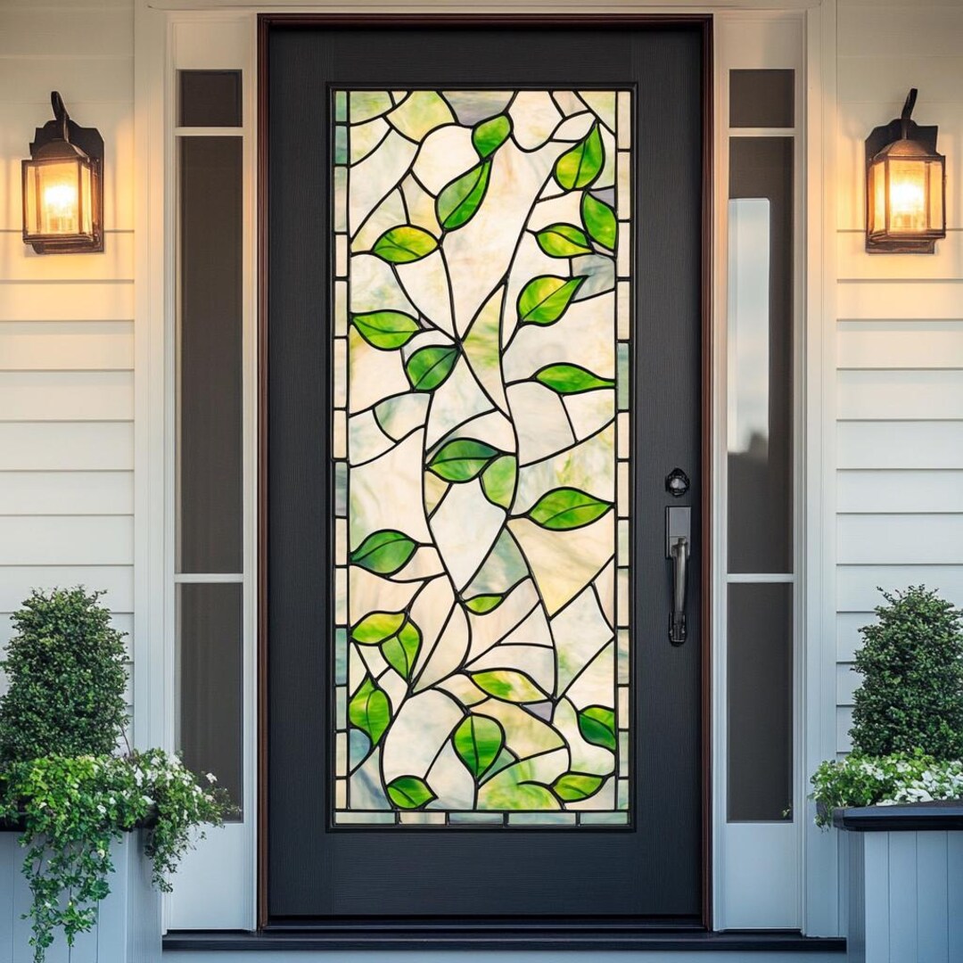 Stained Glass Door Film – Nature-inspired Leaf Design, Frosted Privacy ...