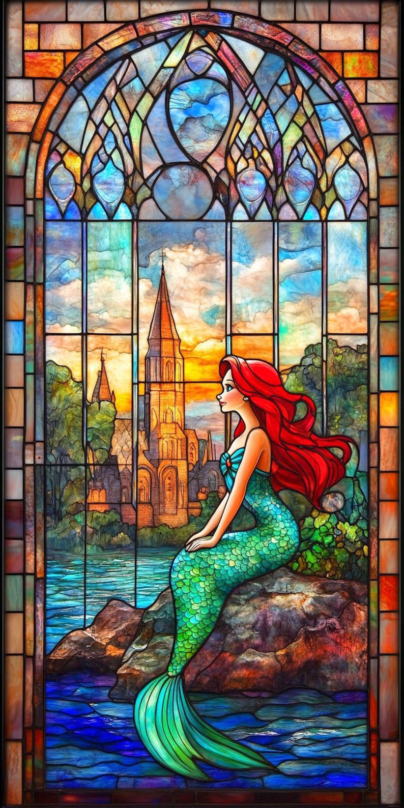 Fantasy Mermaid Stained Glass Window Film - Vibrant Castle and Ocean ...
