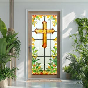 Custom Stained Glass Window Film – Christian Cross Design, Privacy Frosted Cling, No Glue for Front Doors & Church Windows