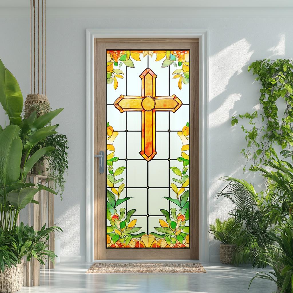 Custom Stained Glass Window Film – Christian Cross Design, Privacy