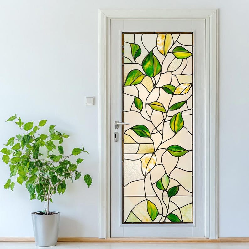 Stained Glass Door Film – Nature-inspired Leaf Design, Frosted Privacy ...