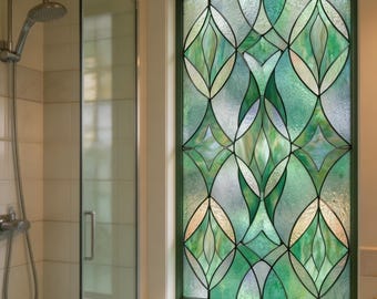 Bathroom Window Privacy Film Green Stained Glass Effect Custom Size Available Frosted Static Cling Decorative Glass Window Cover