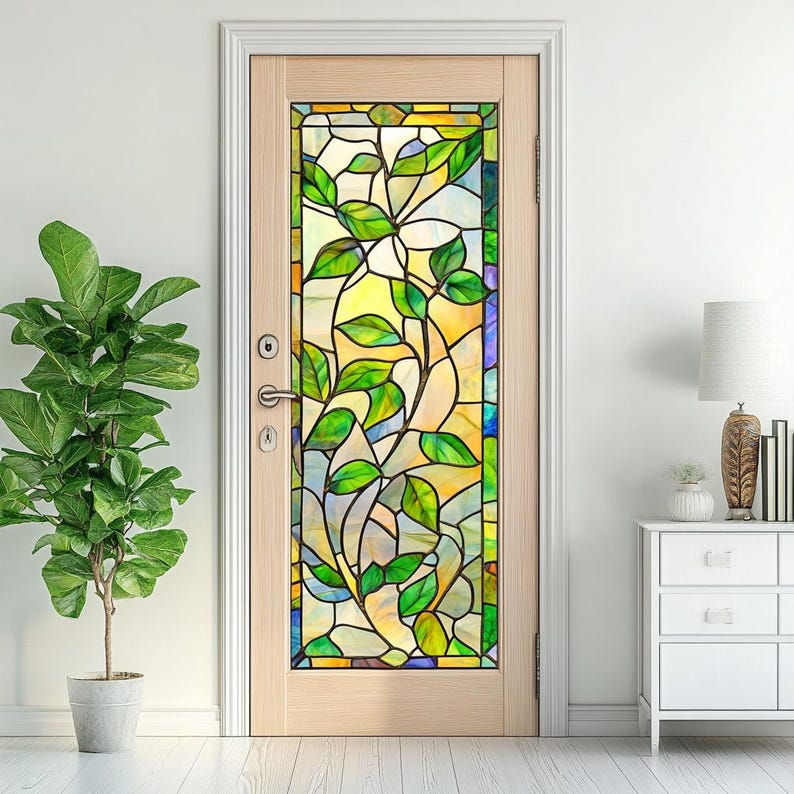 Stained Glass Door Film – Nature-inspired Leaf Design, Frosted Privacy ...