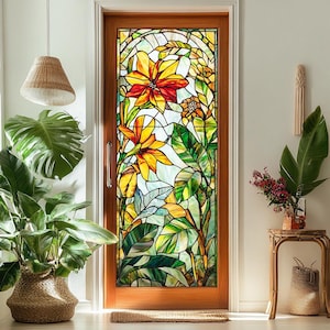 May include: A stained glass window featuring a floral design with yellow, red, and green hues. The window is framed in wood and set in a doorway.