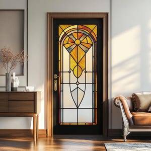 Handcrafted Stained Glass Privacy Film – Art Deco Inspired Window Cling, DIY Removable Vinyl for Entryway & Sunroom Windows
