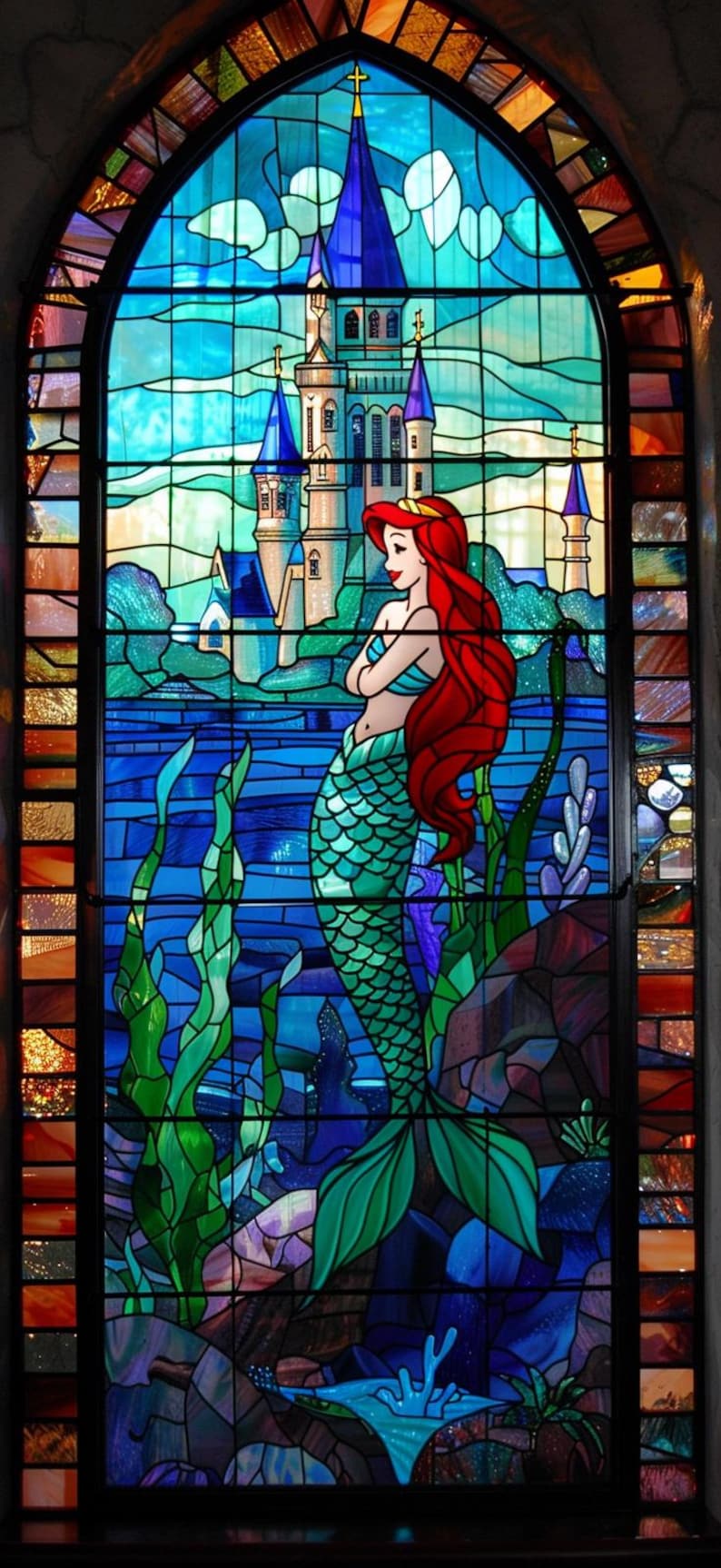 Fantasy Mermaid Stained Glass Window Film - Vibrant Castle and Ocean ...