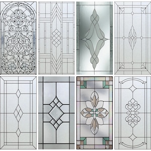 May include: Eight different stained glass window designs. The designs include a floral pattern, geometric patterns, and a cross pattern. The designs are all in black and white.