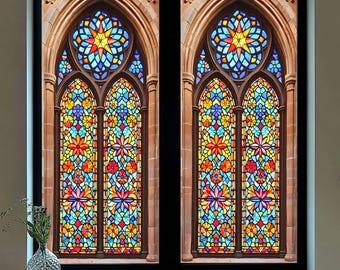 Cathedral Floral Stained Glass Window Film - Gothic Arched Design Privacy Cling for Elegant Home or Office Decor
