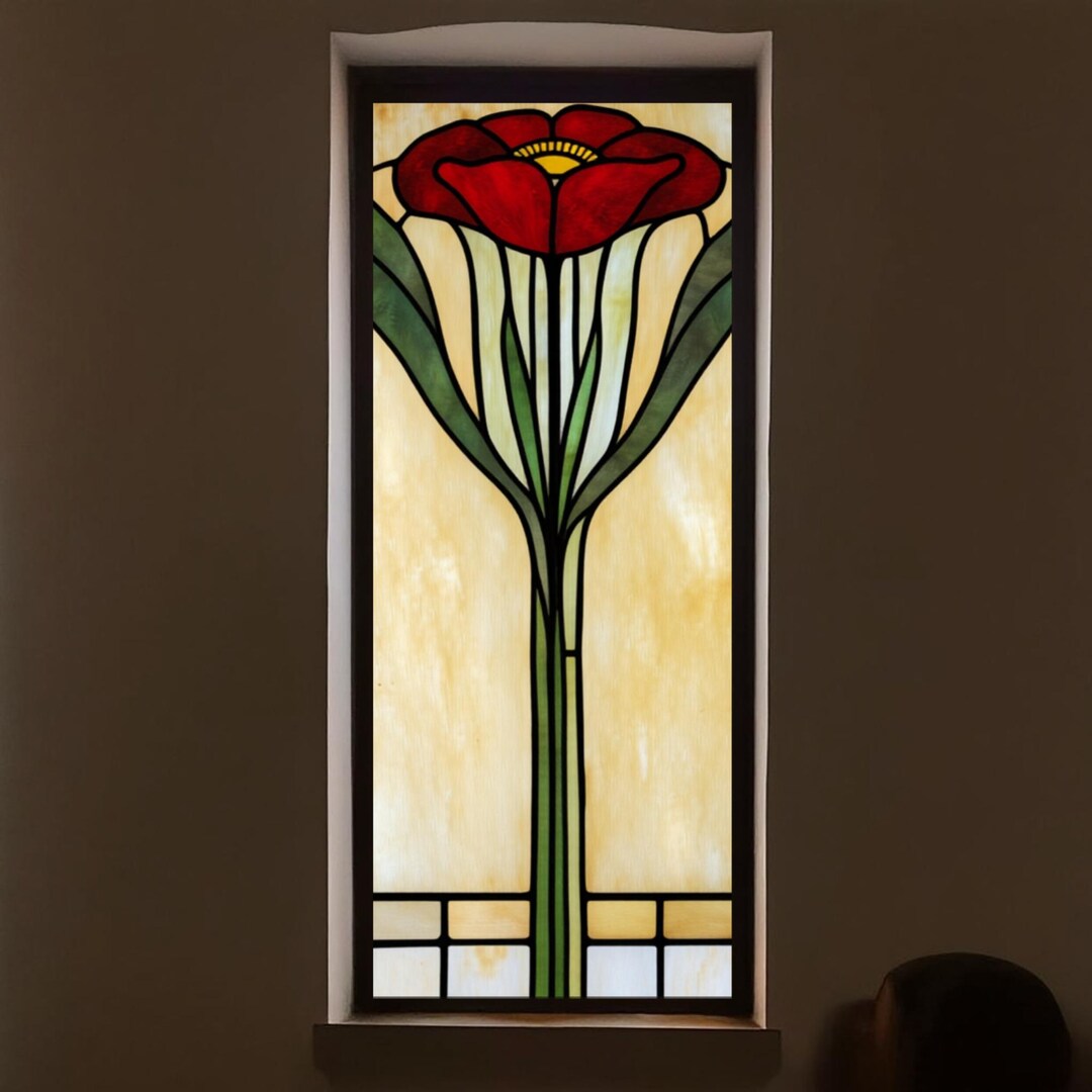 Stained Glass Window Film Art Nouveau Red Flower Design Window Privacy ...
