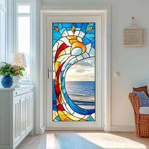 Película de vitral personalizada: diseño abstracto de olas del océano y sol, esmerilada, para privacidad, sin pegamento, para ventanas de puertas de entrada.