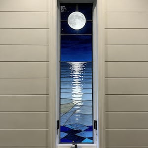 Stained Glass Moonlit Ocean Window Film - Custom Size - Celestial Coastal Privacy Cling - Nautical Night Sky Decor