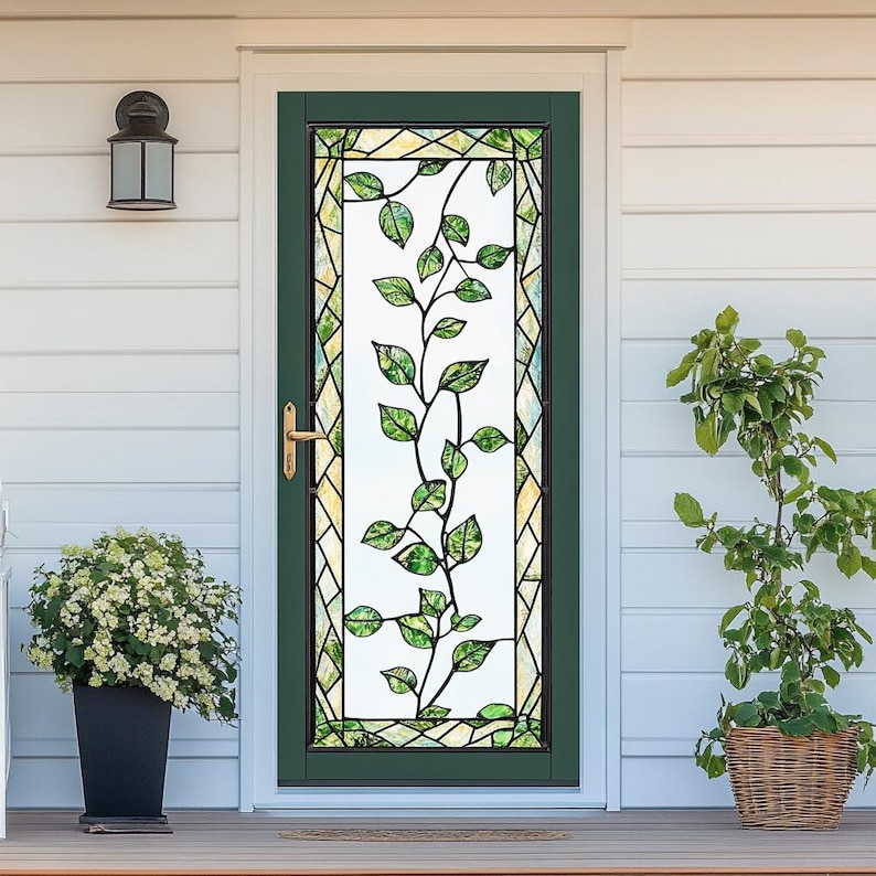 Stained Glass Door Film – Nature-inspired Leaf Design, Frosted Privacy ...