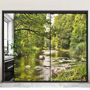 Custom Size Stained Glass Window Privacy Film – Frosted, Natural Scenery Design, Static Cling, No Glue for Home Windows