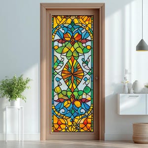 Nature-Inspired Stained Glass Door Film – Artistic Floral & Leaf Design, Static Cling Privacy Covering for Shower Patio Doors