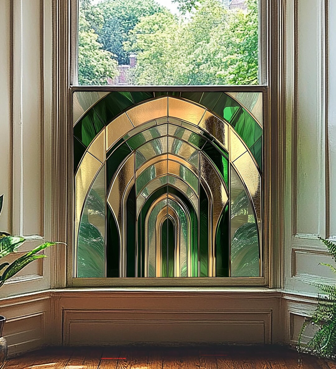 Custom Green Arch Stained Glass Window Film Art Deco Frosted Privacy ...