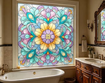 Stained Glass Window Film Pastel Floral Mandala Design Custom Size Available Privacy Window Cling for Bathroom Shower Glass Decor