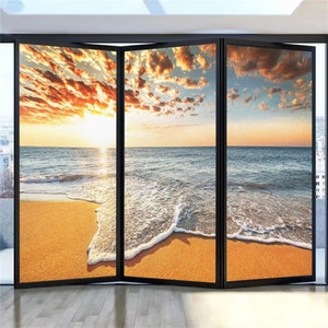 Privacy Glass Window Film - Sunset Beach Scenery, Frosted, Sun Blocking, Static Cling for Home