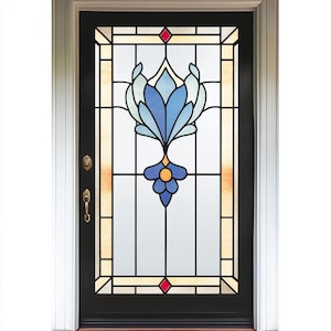 Stained Glass Window Film – Vintage Blue Floral Design, Privacy Frosted Vinyl, Static Cling, No Glue, UV Protection for Home, Office