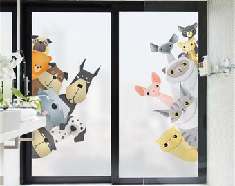 Window Privacy Film Frosted UV Blocking Window Film Cute Cat Dog Decorative Glass Film Window Decals Window Stickers for Home Bathroom Cat