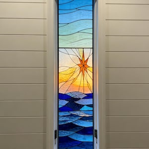 Stained Glass Sunrise Star Ocean Window Film - Custom Size - Coastal Privacy Cling