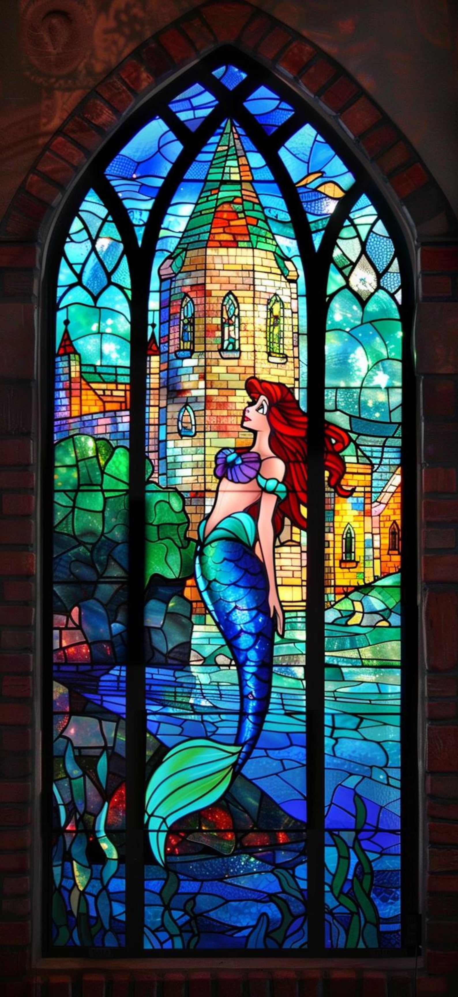 Fantasy Mermaid Stained Glass Window Film - Vibrant Castle and Ocean ...