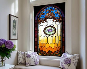 Gothic Arch Stained Glass Window Film – Custom Size Privacy Cling, Vintage Floral Decorative Door or Bathroom Window Cover