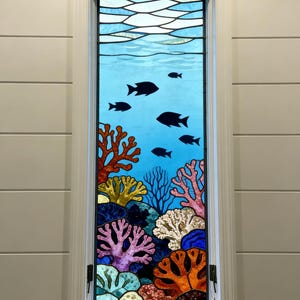 Stained Glass Coral Reef Window Film - Custom Size - Tropical Ocean Privacy Cling