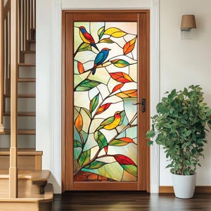 Handmade Stained Glass Window Cling – Botanical Bird Art, Static Privacy Film for Kitchen, Bathroom & Balcony Windows