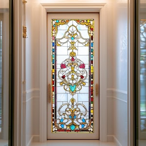 May include: A stained glass door featuring a colourful floral design. The glass is divided into sections with a white frame around each section. The design incorporates a range of colours, including red, blue, green, yellow, and orange.