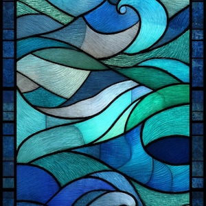 May include: Stained glass panel with an abstract design of ocean waves in shades of blue, teal, and grey. The artwork has a textured appearance with black outlines, creating a dynamic and artistic representation of water.