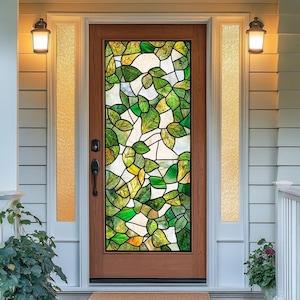 Custom Stained Glass Window Film – Green Leaf Pattern, No Glue Static Cling, Privacy & UV Protection for Front Door
