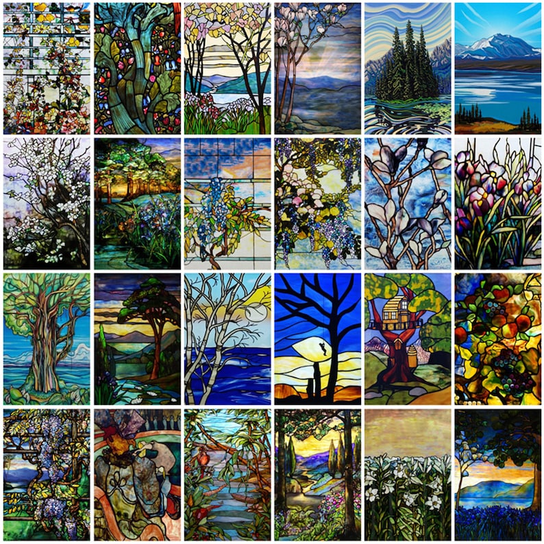 May include: A collection of 16 stained glass panels depicting various nature scenes, including trees, flowers, and landscapes. The panels all share a similar style, with a colourful and intricate design.