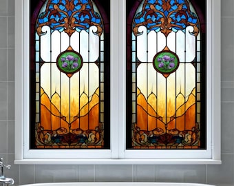 Custom Stained Glass Window Privacy Film – Gothic Arch Floral Design for Bathroom or Door, Decorative Static Cling Frosted Vinyl