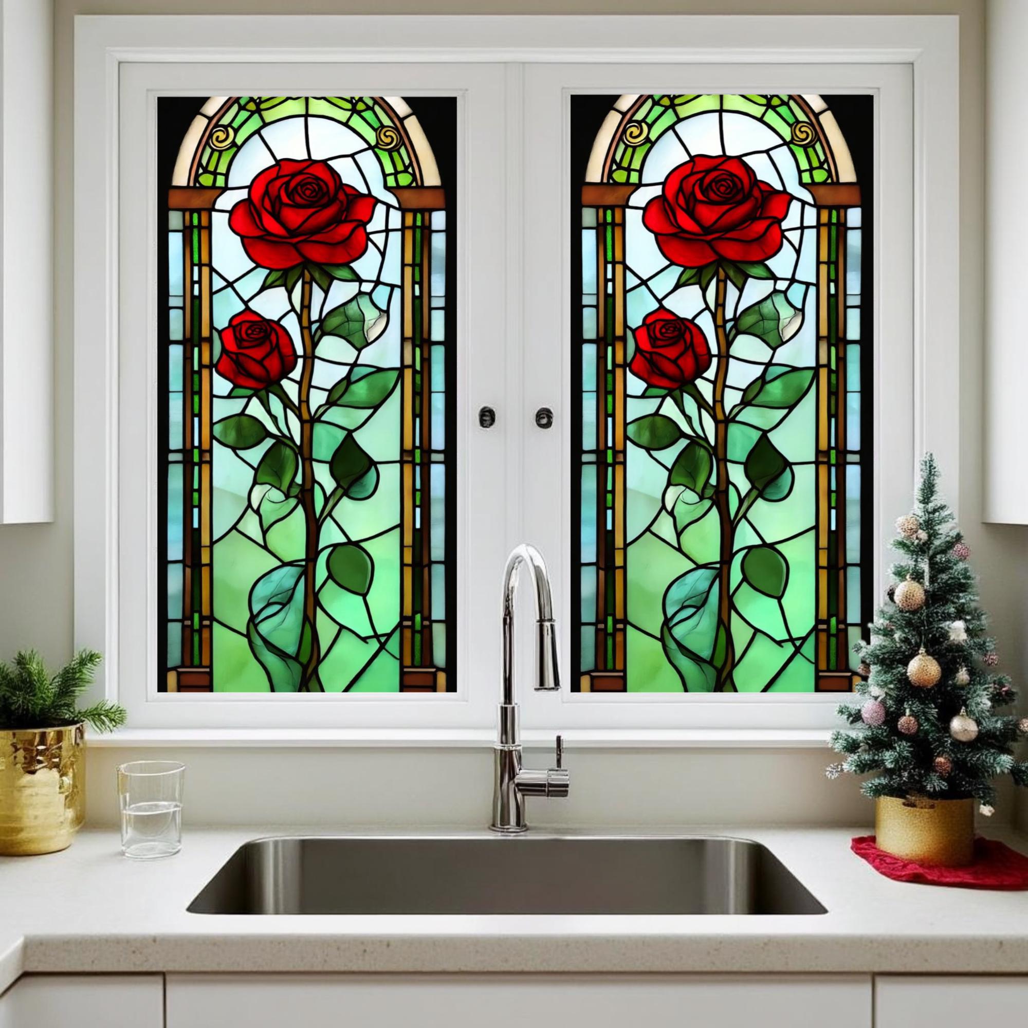 Red Rose Stained Glass Window Film - Elegant Privacy Decorative Cling for Doors and Windows