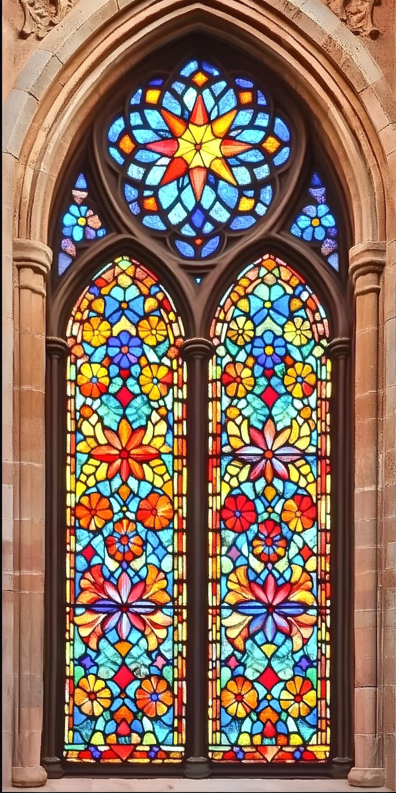Cathedral Floral Stained Glass Window Film - Gothic Arched Design ...