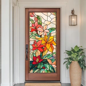 Classic Tropical Flower Stained Glass Window Covering – DIY Static Cling, Heat Insulation & Privacy Vinyl for Indoor Outdoor Use
