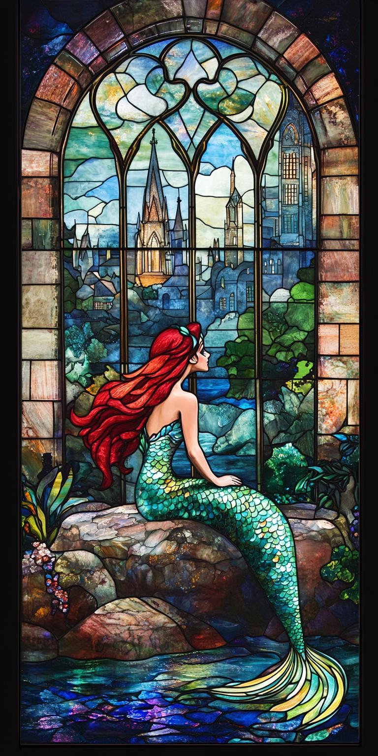 Fantasy Mermaid Stained Glass Window Film - Vibrant Castle and Ocean ...