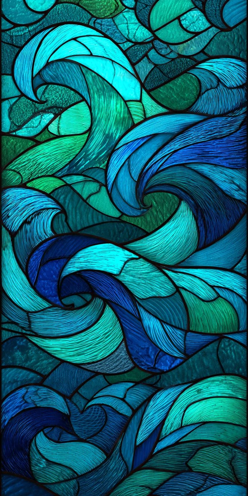 May include: Abstract stained glass panel depicting a wave design. The artwork uses shades of teal, turquoise, and deep blue, with black outlines. The flowing lines create a sense of movement and depth, reminiscent of the sea.