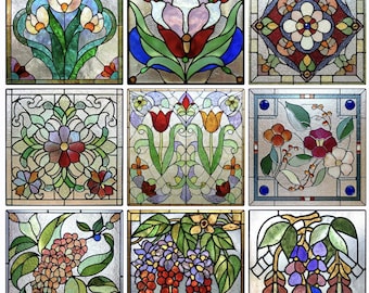Custom Size Stained Glass Window Film 9 Floral Patterns, Privacy Window Clings for Home Decor, Static Cling Adhesive-Free