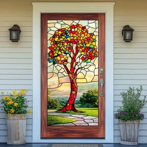 Green Leaf Stained Glass Privacy Film – Non-Adhesive Static Cling, Customizable Frosted Vinyl for Front Door & Windows