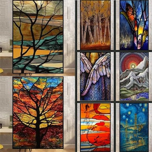 Custom Size Window Film Electrostatic Frosted Stained Glass Films Vintage Art Poster Door Stickers Print Tree Setting Sun