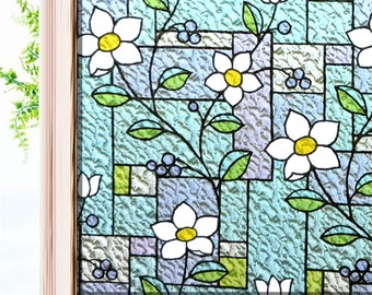 Stained Glass Window Film Color Flower Pattern Privacy Window Sticker Decorative Anti-UV Vinyl Glass Film Non Adhesive for Home