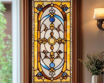 May include: A stained glass window with a decorative design featuring a blue and yellow colour scheme. The design includes a central oval shape with a floral pattern and a border of small, diamond-shaped pieces.