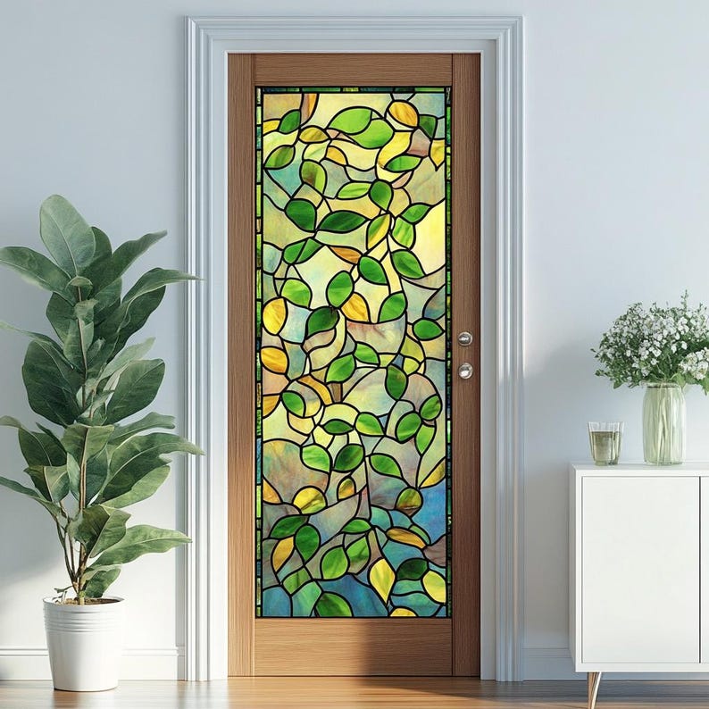 Stained Glass Door Film – Nature-inspired Leaf Design, Frosted Privacy ...