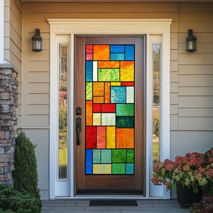 Custom Stained Glass Window Film – Colorful Geometric Block Design, Privacy Frosted Cling, No Glue for Front Doors & Windows