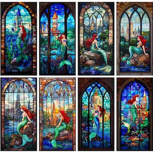 May include: A set of eight stained glass windows depicting mermaids in various poses. Each window features a colorful castle in the background and a mermaid with flowing hair and a tail.