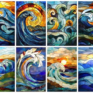 以下が含まれることがあります： 海で砕けるスタイリッシュな波を描いたステンドグラスのパネル8枚セット。パネルは、青、緑、黄、オレンジなど、さまざまな色を使用しています。パネルは、どんな部屋にも幻想的でカラフルなアクセントを加えるのに最適です。