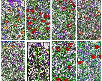 May include: Eight stained glass panels with floral designs. The panels depict daisies, poppies, and wildflowers in red, white, purple, and green. The glass is divided by black lines. The panels are suitable for windows or decorative art.