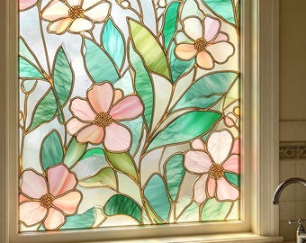 Floral Stained Glass Window Film Custom Size Available Frosted Privacy Static Cling Bathroom Kitchen Window Decorative Privacy Cover